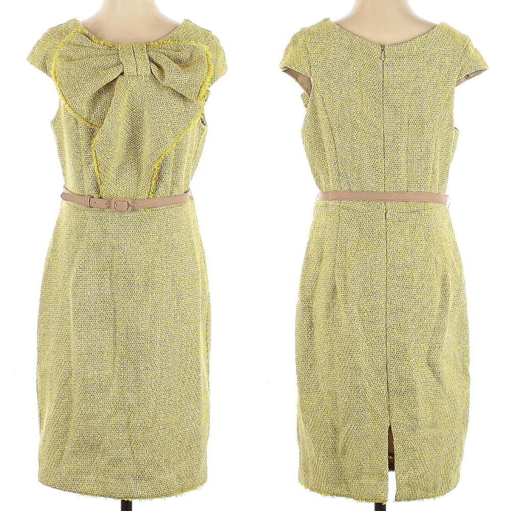 Eva Franco Chartreuse Tweed Bow Dress - Anthropologie Vintage Retro Pin-Up - Picture 4 of 7